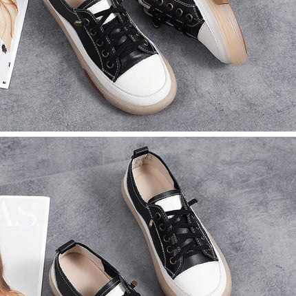 Genuine Leather Women Soft Sole Walking Shoes Girl Student Jogging Sneaker White Black Flats Female Casual Skate Trainers Summer