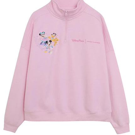 Disney Pink Disneyland Letter Embroidery Cartoon Mickey Minnie Cute Print Sweatshirt Zipper Women Jumper Fleece Pullover Unisex