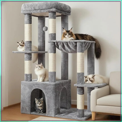 Heavy Duty Cat Tree for Indoor Large Adult Cats, Multi-Level Plush Condo with Scratching Posts, Hammock & Toy Balls