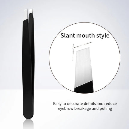 Stainless Steel Black Eyebrow Tweezer with Slant and Flat Point Beauty Tools for Eyebrows & Ingrown Hair Removal