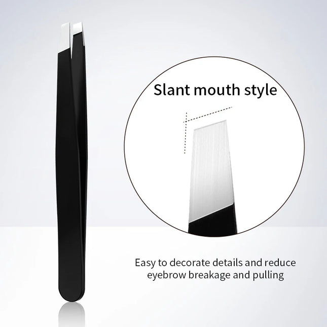 Stainless Steel Black Eyebrow Tweezer with Slant and Flat Point Beauty Tools for Eyebrows & Ingrown Hair Removal