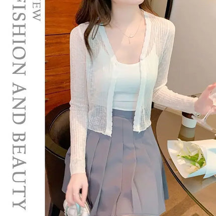 Slim Fit Knitted Long Sleeve Short Cardigan Women's Summer New Style Korean Version Thin Outerwear Pure Color Sun Protection Shi