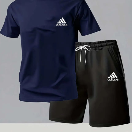 New summer fitness sportswear for men, short-sleeved T-shirt and shorts two-piece set, breathable and quick-drying casual wear.