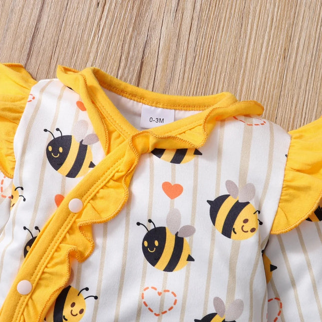 0-18 Months Newborn Baby Girls Romper Cute little bee Lovely Ruffle Long Sleeve Bodysuits + Hat Birthday Party Costumes