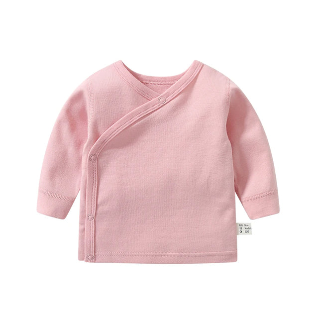 Newborn Baby Clothing Slanting Open Buckle T-Shirt Tops Cotton Long Sleeves Solid Color Tees Baby Boys Girls Outfit 0-12 Months