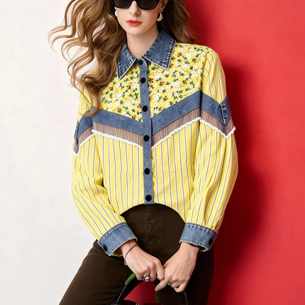Women Cropped Striped Floral Print Patchwork Shirt Loose Fit Drawstring Waist Button Up Blouse Casual Shirt Top