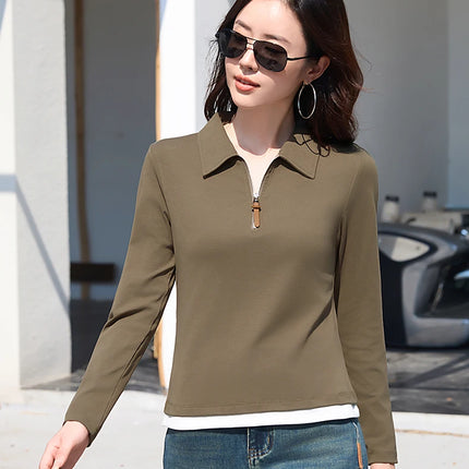False Two-piece Design Polo Collar Shirt Women's Long Sleeve Cotton T-Shirt Solid Color Business Casual Blend Top Fashion Style