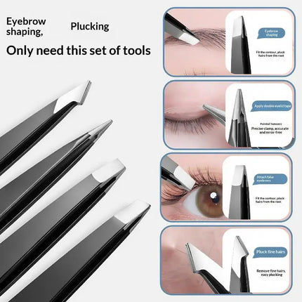 4Pcs Colorful Stainless Steel Tweezer Set For Women Men Eyebrows Eyelashes Grooming Precision Tweezers With Storage Bag