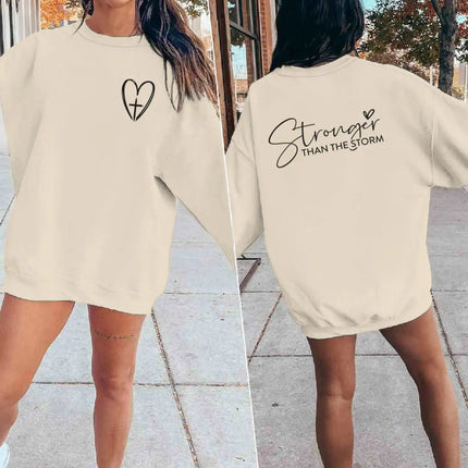 Inspirational Gift Sweatshirt "Stronger Than The Storm" Graphic Perfect for Friends & Faith-Based Gift Heart & Cross Casual Wear