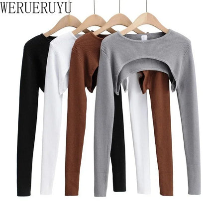 Women's Long Sleeve Crop Top T-shirts Spring Autumn Y2k Aesthetic Clothes O-neck Black White Sexy Harajuku Knitted Tshirt 2023