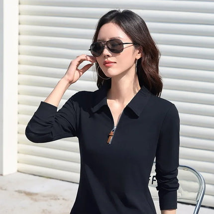 False Two-piece Design Polo Collar Shirt Women's Long Sleeve Cotton T-Shirt Solid Color Business Casual Blend Top Fashion Style