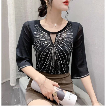 2025 Spring Summer Mesh Tops Korean Fashion Diamond T Shirt Slim 3/4 Sleeve Hollow Out Casual Women Shirt