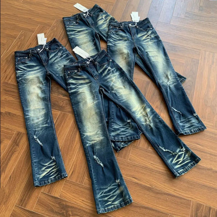 Luxury Jeans for Man Original 2026 Wind Heavy Water Wash Dark Blue Washed Cat Beard Jeans Slightly Slim Fit Old Long Pants Men