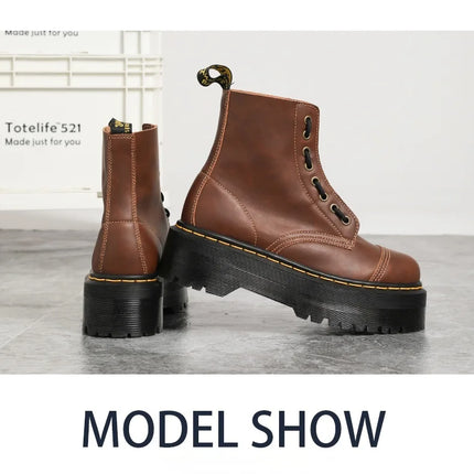 Women Boots Genuine Leather Platform Boots Motorcycle Shoes Front Zipper Optical Soles Fashion Sexy Punk Luxury Men Winter Boots