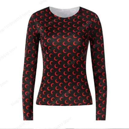 Moon Printed Tshirt Graphic Top for Women Stretchy Slim Korean Fall Spring Long Sleeve Tees Y2k Grunge T-Shirt 2000s Clothes