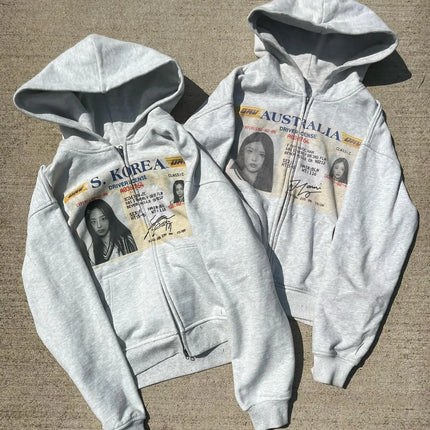 Harajuku Korean Style Graphic Print Hoodies Women Gothic Casual Oversized Hoodie Zip Sweatshirts Streetwear Y2k Women Clothing