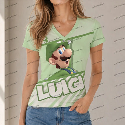 XS-5XL Fashion Super Mario Women T-shirt Streetwear V Neck Short Sleeve New Hot Sale Women's Party Summer Cuteore Harajuku Style