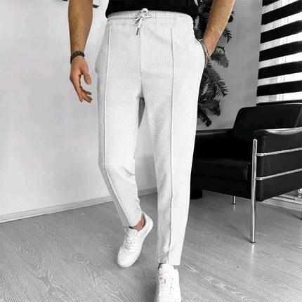 Men Waffle Knit Slim Fit Pants Drawstring Trousers With Pockets Stylish Design Spring Autumn Outdoor Travel Daily Street Wear