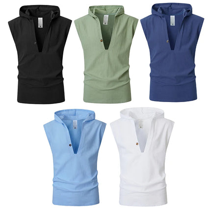 2026 New Men Sleeveless Hooded Tank Top Casual V Neck Button Shirt Summer Daily Beach Travel Vacation Loose Fit Tee