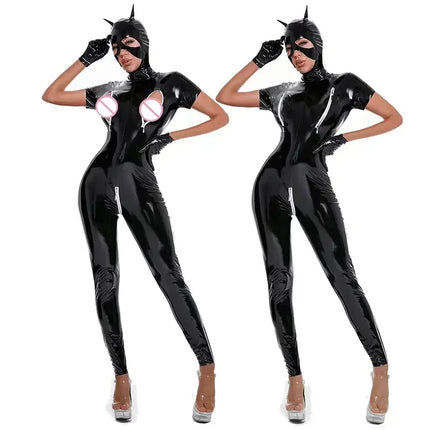 Sexy Hot Cat Woman Wetlook Faux Leather Catsuit PVC Latex Bodysuit Crotchless Breast Zipper Stretch Latex Jumpsuits