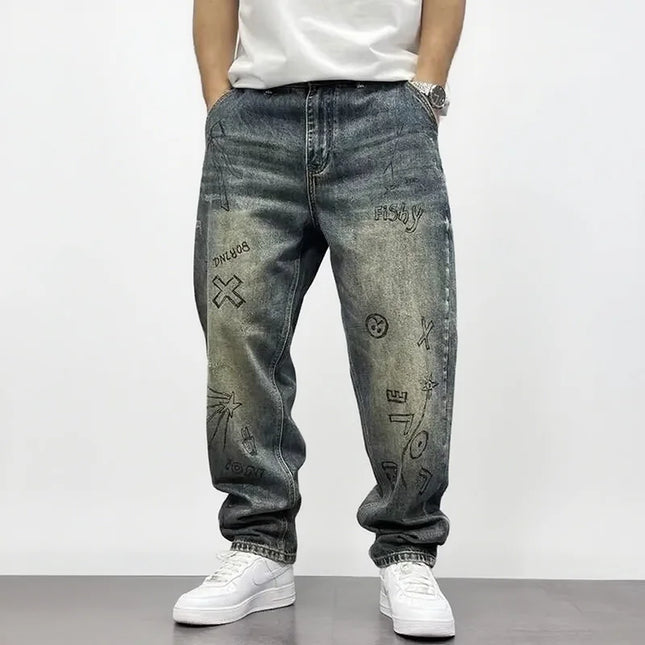 Korean Retro Ripped Jeans Embroidered Slim Fit Men'S Straight Leg Pants Graffiti Jeans Fashion Casual Pants