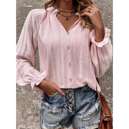 Plus Size 1XL-5XL New Summer Women V-Neck Elegant Blouses Solid Color with Button  All Seasons Non-Stretch Fabric Shirt