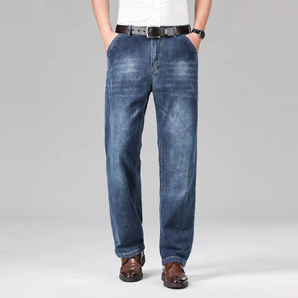 2026 Summer Brand Men's Cotton Lightweight Straight Leg Loose Jeans Classic Pocket Business Casual Mid High Waist Office Pants