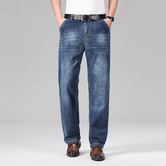 2026 Summer Brand Men's Cotton Lightweight Straight Leg Loose Jeans Classic Pocket Business Casual Mid High Waist Office Pants