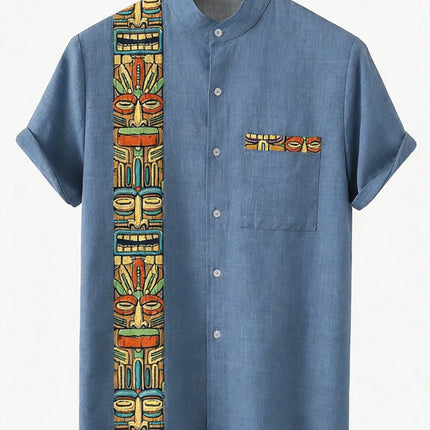 Men's Linen Short Sleeve Lapel Shirt Natural Ethnic Totem 3D Printed Shirt Hawaiian Vacation Social Party Shirt Fast Shipping