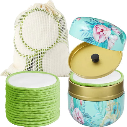 16PCS Reusable Face Makeup Remover Pads Facial Cleaning Face Towel Washable Face Round Fashionable Metal Box for All Skin Type