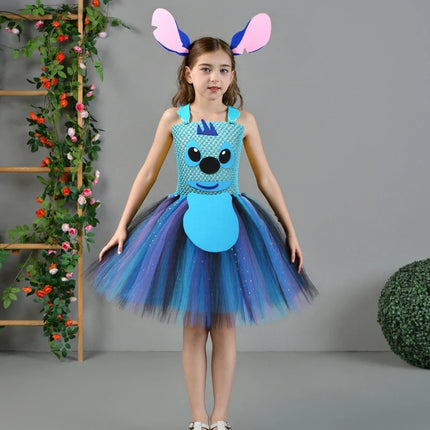 Baby Girls Stitch Cosplay Costume Alien Cartoon Animal Fancy Tutu Dress  Halloween Carnival Party Outfit with Ears Hairbow