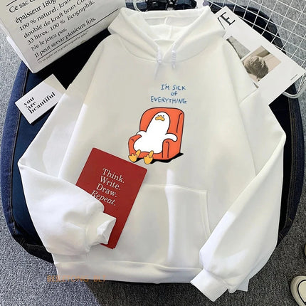I'M SICK EVERYHING Funny Duck Cartoon Printed Hoodies Casual Sweatshirts for Women Winter Fleece Harajuku Street Hoody