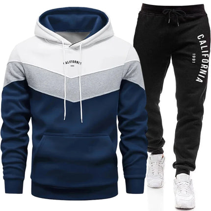 2026 Men's Tracksuit Casual Tri Color Splice Sweatshirt Outdoor Sports Jogging Man Clothing Autumn Winter Single Hoodies Pants