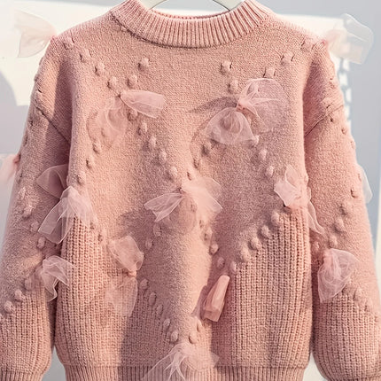 Girls' Thick Sweater, New Stylish Design, Fashionable Mesh Patchwork Pullover Knit Top, Trendy Base Layer