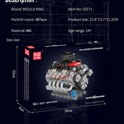 Mould King 10171 V8 Engine LSX454 Building Blocks Sets 8-Cylinder Car Building Engineering Toys for Kids Adults Gift (487+pcs)