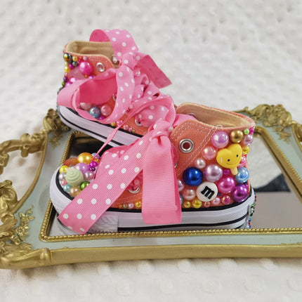 Handmade Rhinestones Bling Girls Women Kids And Mother Candy Canvas Shoes Pearls Sneakers For Girl Birthday Party Wedding