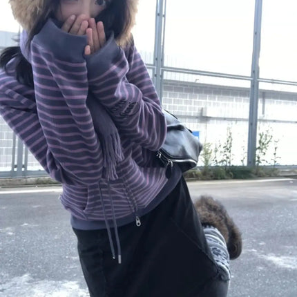Y2K Vintage Zipper Hoodie Women Long Sleeve Subculture Purple Stripe Priint Harajuku Style Autumn Spting Casual Tops Streetwear