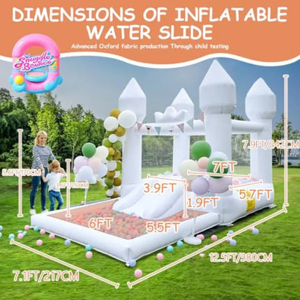 12.5FTx7.1FT White Iatable Bounce House Iatable Castle with Slide and Ball Pool Indoor and Outdoor Toys for Active Used for Iat