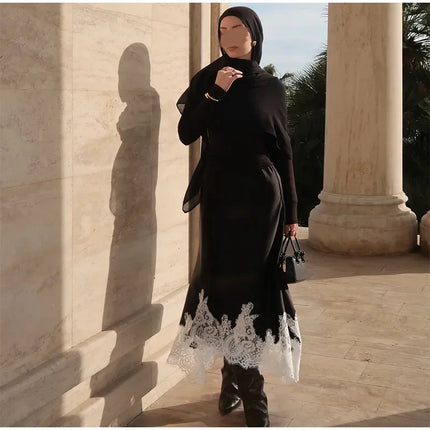 Elegant Lace Patchwork Shawl Top Skirt Set Women Lace Up Full Sleeve Shirt Loose Long Skirt 2026 Spring Fashion Lady Outfit