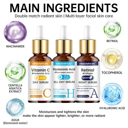 HISENRAIN Vitamin C + Retinol + Hyaluronic Acid Serum Duo | Anti-Aging Brightening & Hydration Combo | For All Skin Type.