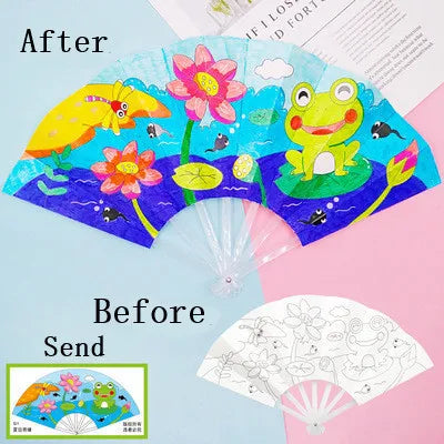 Painting Summer Fan DIY Toys For Children Cartoon Animal Color Graffiti Origami Fan Art Craft Toy Creative Drawing Kids
