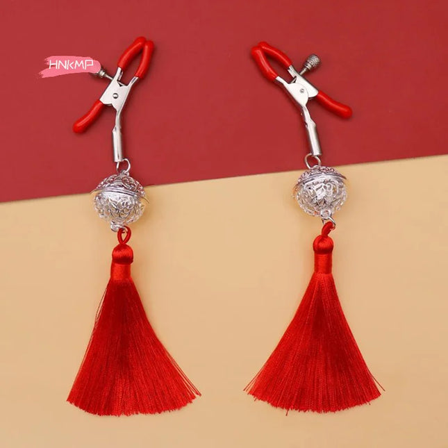 1 Pair Metal Bells Nipple Clamps with Tassel Nipple Ring for Flirting Teasing Exotic Breast Enlargement Accessory