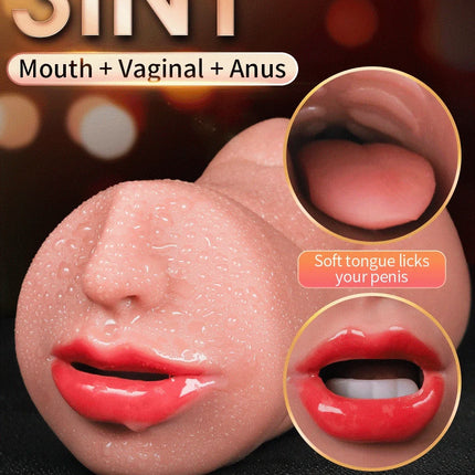 Realistic 3-IN-1 Male Masturbator - Deep Throat + Artificial Pussy + Rubber Vagina, Oral Blowjob Adult Sex Toy