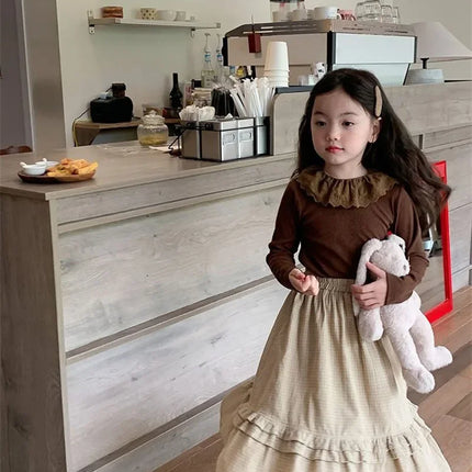 1-12 Years Long-Sleeved Shirts Children's Spring Knitted Tops Baby's Lace 2025 Lace Base Shirt Korean Girls Ruffle Collar T-shirt