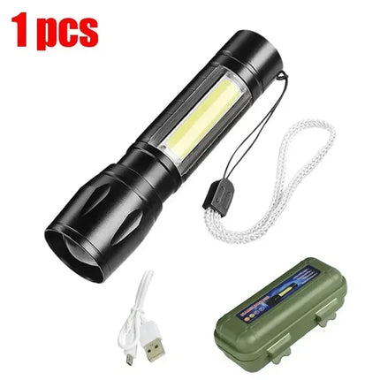 Powerful Mini LED Flashlight COB+XPE Zoom Torch Built In Battery USB Rechargeable Light Outdoor Portable Camping Emergency Lamp