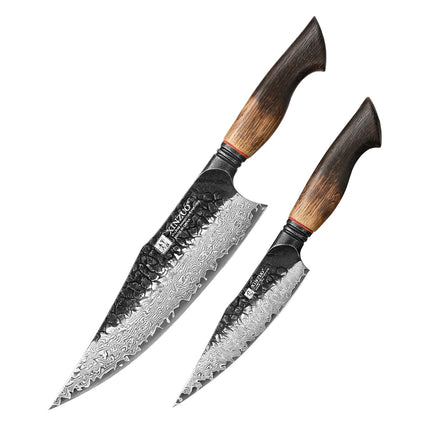 XINZUO 1-6-Piece Damascus Knife Set 67-Layer Steel White Oak Red G10 Handles Paring Utility Cleaver Santoku Bread Knife