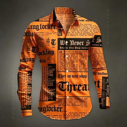 Men's Shirt Long Sleeved Shirt Newspaper Letter Print Retro Casual Single Breasted Shirt Street Style Trendy Men's Top XS-6XL