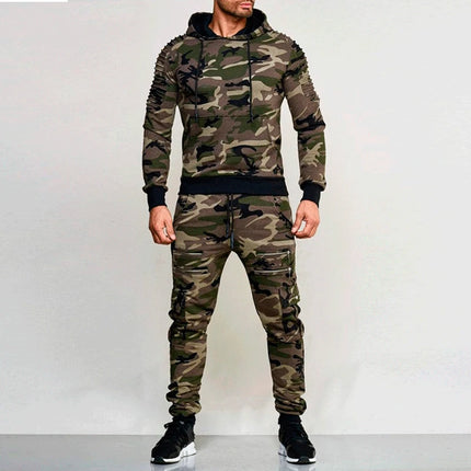 Camo Men Tracksuit Hooded Outerwear Hoodie Set 2 Pieces Autumn Sporting Male Fitness Camouflage Sweatshirts Jacket + Pants Sets
