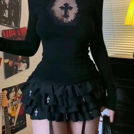 Turtleneck Top Y2k Clothes Black Gothic Cross Hollow Slimming Bottom T Shirt for Women Long Sleeve Sexy T-shirt Girls Tops