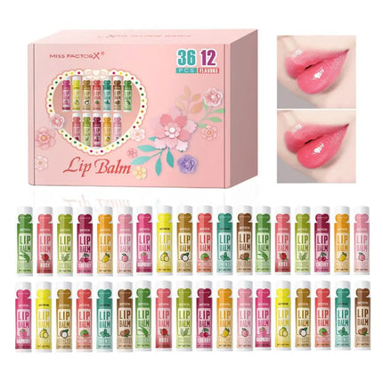Moisturizing Lip Balm Set 36PCS, 12 Flavored Natural Lip Balms For Gifts Party Favors Bulk Fruit Lip Balms Dry Cracked Lip Care